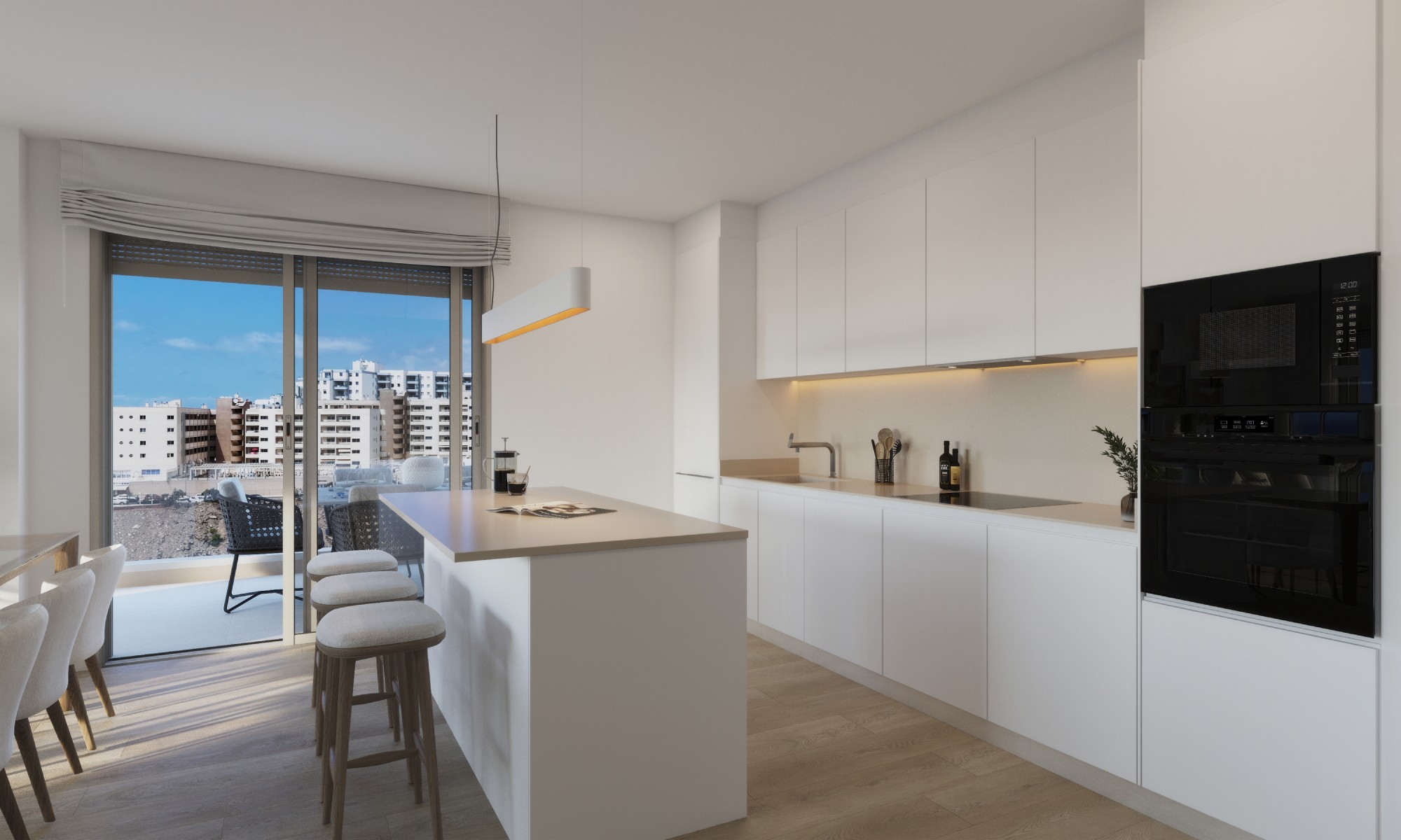 Living room and kitchen with terrace access